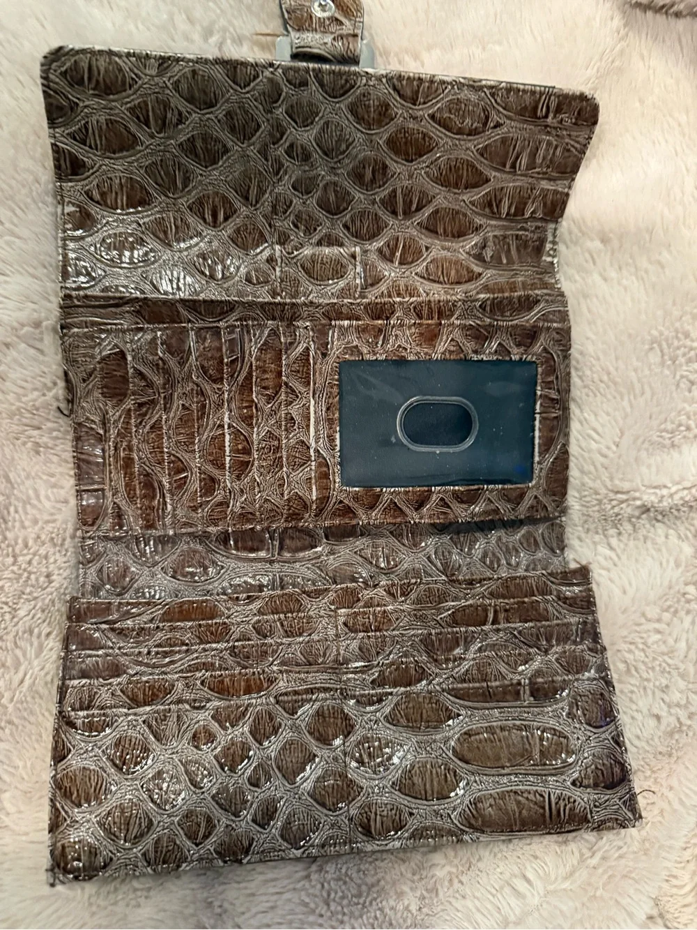 GUESS Metallic Taupe Croc-Embossed Clutch with Buckle